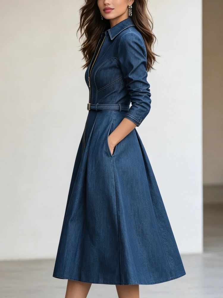 Modigirl Woman Blue A-Line Dresses 2025 Spring Fall New Pleated High Waisted Pockets Zipper Lapel Vintage Women's Midi Dress - Image 5