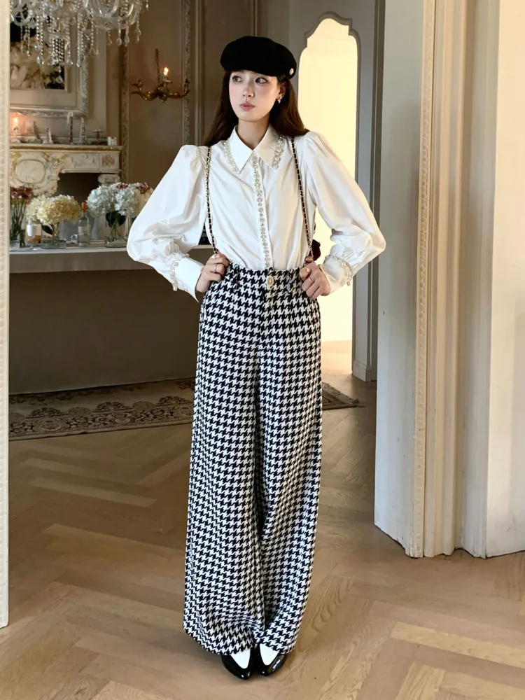 

High Quality French Two Piece Pant Sets For Women Luxury Diamond Binding Beads Shirt + Wide Leg Pants Suits Conjuntos Femininos