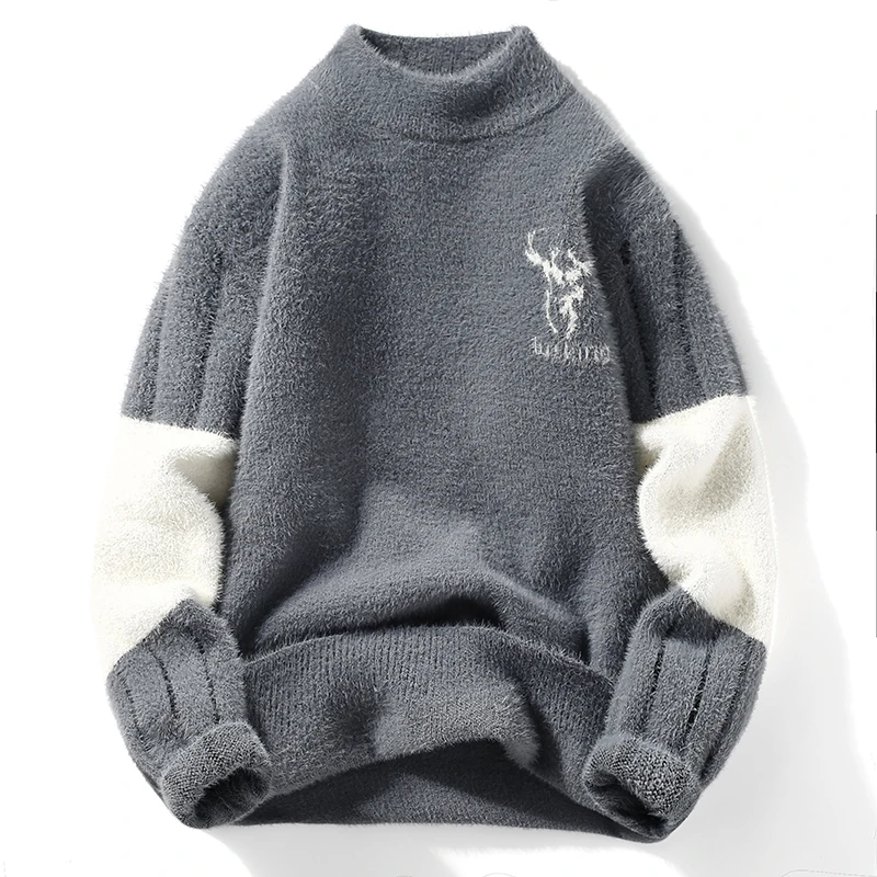 

2025 Round Neck Sweater Men's Autumn and Winter Fleece Thickened Imitation Mink Fur Base Sweater Loose and Warm Base Winter Top