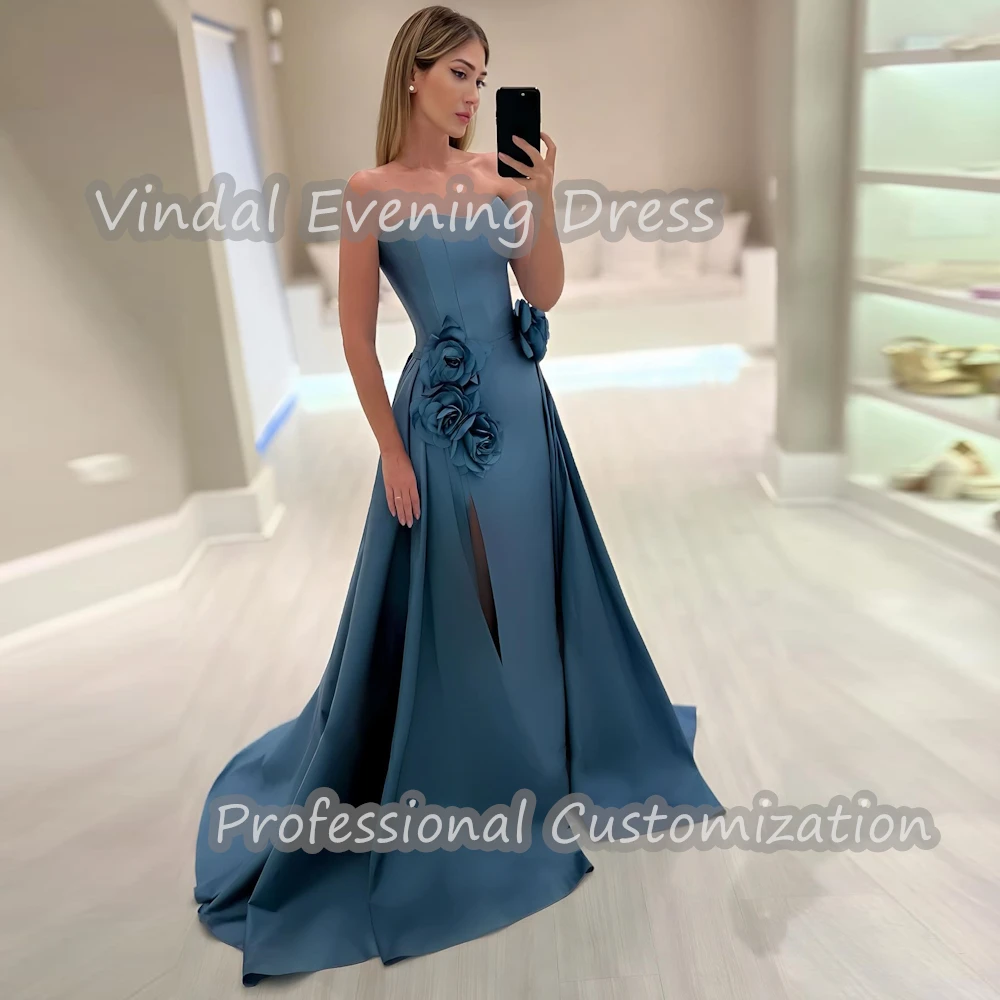 

Vindal Prom Dress Strapless Floor Length Ruffle luxurious Crepe Flower A-Line Elegant Party Sleeveless Saudi Arabia For 2024