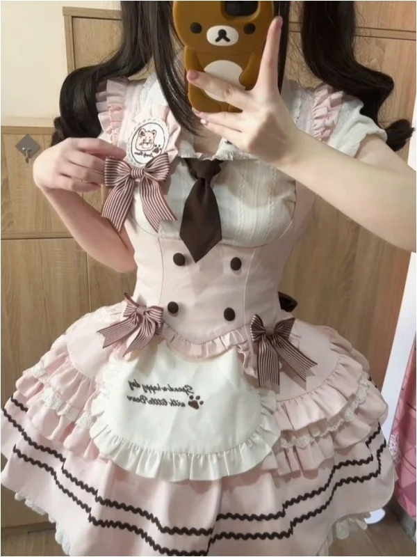 Sweet Cute Girl Ruffle Sleeve Waist Cinched Vest Slimming Fluffy Skirt Pink Lolita Style Fashion Set Short Sleeve Button Closure