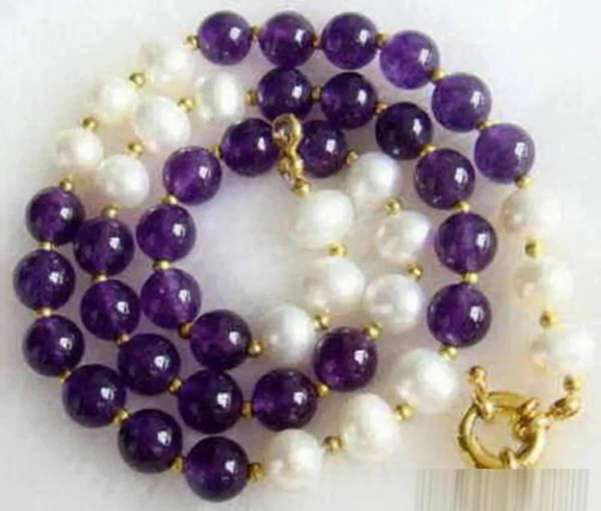 Natural 7-8mm White Pearl & 8mm Purple Amethyst Round Beads Necklace 18''
