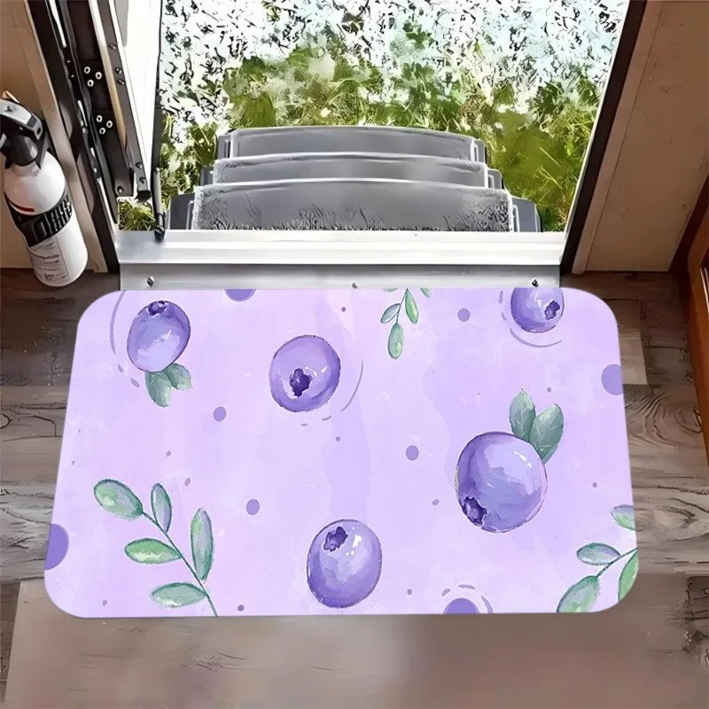 Watercolor Purple Blueberry Print Door Mat Anti Slip Entrance Doormat Cute Fruit Leaf Dot Pattern Rug Kitchen Entryway Decor