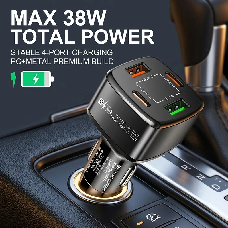 PD 20W QC 3.0 Car Charger 4-Port USB C Fast Charging Adapter Reinforced Shrapnel Multi-Protection Metal Auto Power Plug