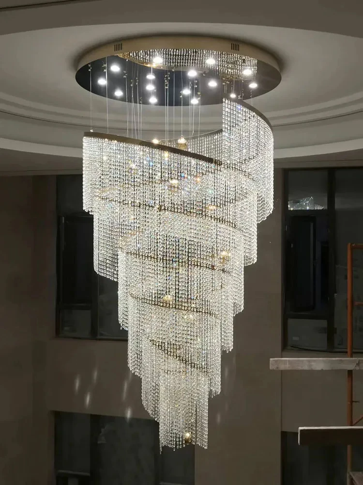 Large Spiral Design Crystal Chandelier For Staircase Hallway Lobby Modern Led Cristal Lamp Luxury Home Decor Led Light Fixture