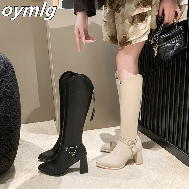 2023 New Belt Buckle Thick Heel Women's Boots Up to Knee Length Boots Women's Retro Punk Western Cowboy Knight Boots