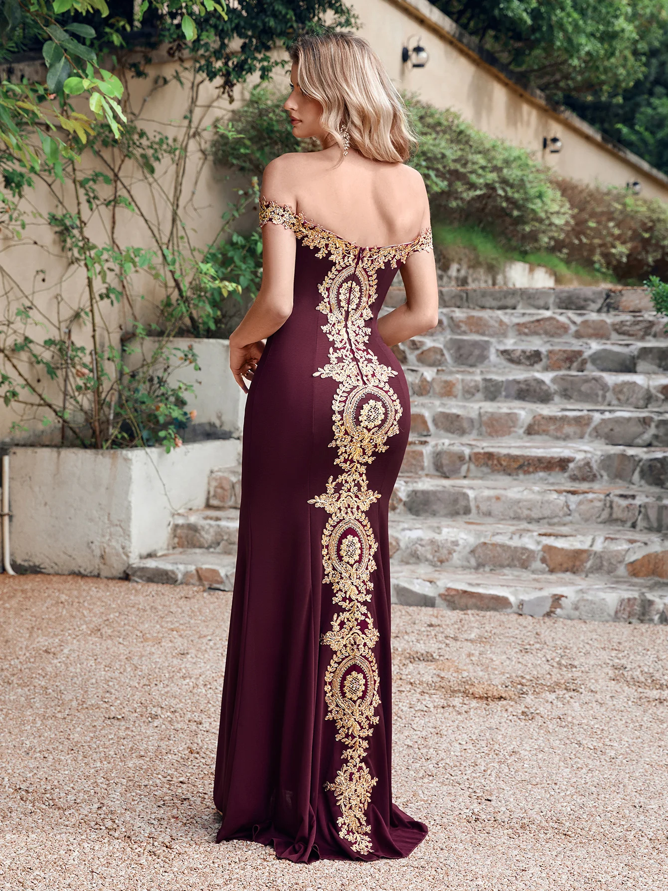 MisShow Gold Lace Mermaid Bodycon Maxi Women Dress Burgundy Rose Gold Bandage Female Dresses for Christmas New Year Party Dress