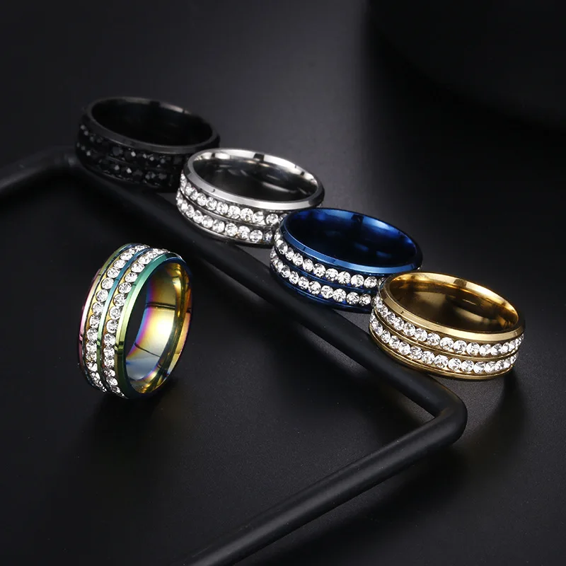 

Titanium steel diamond inlaid ring Korean version jewelry Double row diamond zircon jewelry hot selling stainless steel ring