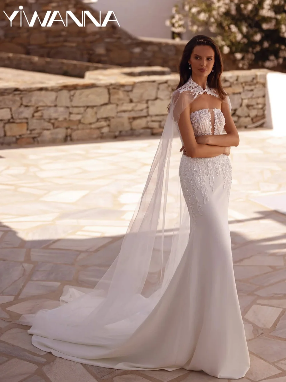 

White Satin Beaded Appliques Wedding Dress With Cape Mermaid Floor-length Bridal Gown Customized Strapless Dresses For Bride