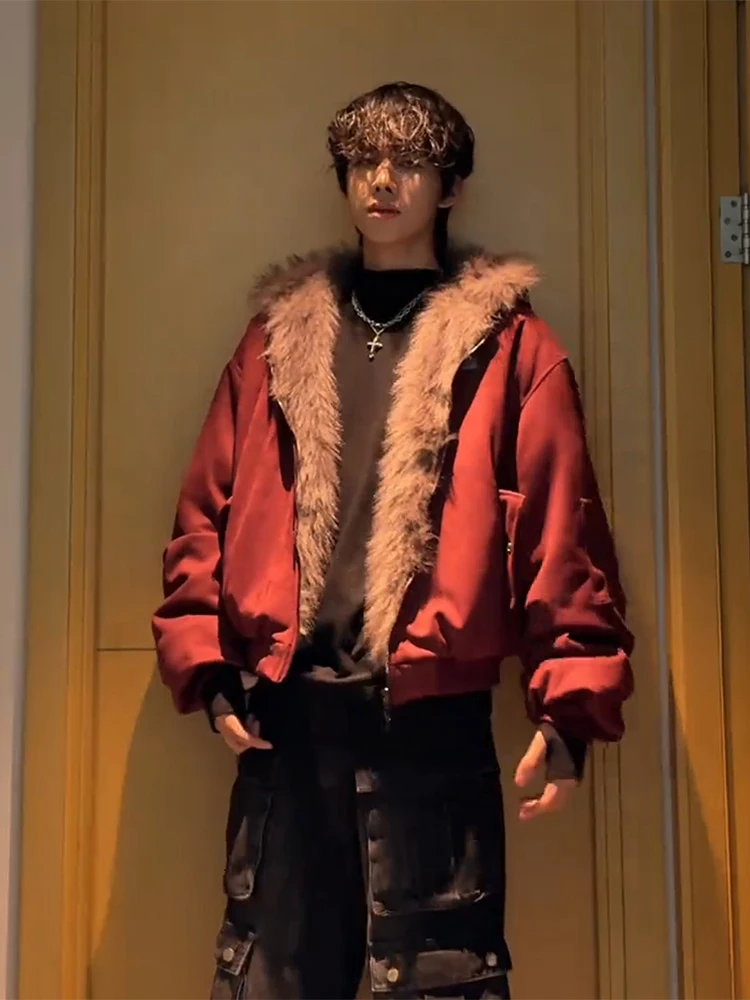 

Красная мужская хлопковая куртка с меховым воротником, утепленная, с длинным ворсом, на молнии, теплая зимняя куртка с эффектом высокой теплоизоляции
