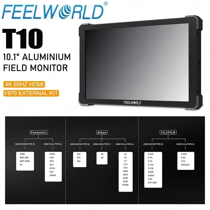 FEELWORLD T10 Monitor de 10,1 pulgadas pantalla táctil cámara DSLR de aluminio Monitor de campo 4K HDMI NP-F instalación externa y Kit de alimentación