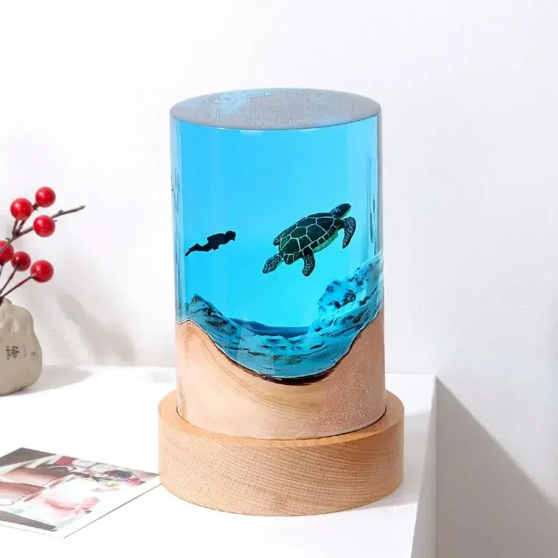 Home Decoration Marine Turtle Whale Shark Diver Desktop Decoration Cylinder Solid Wood Resin Night Light