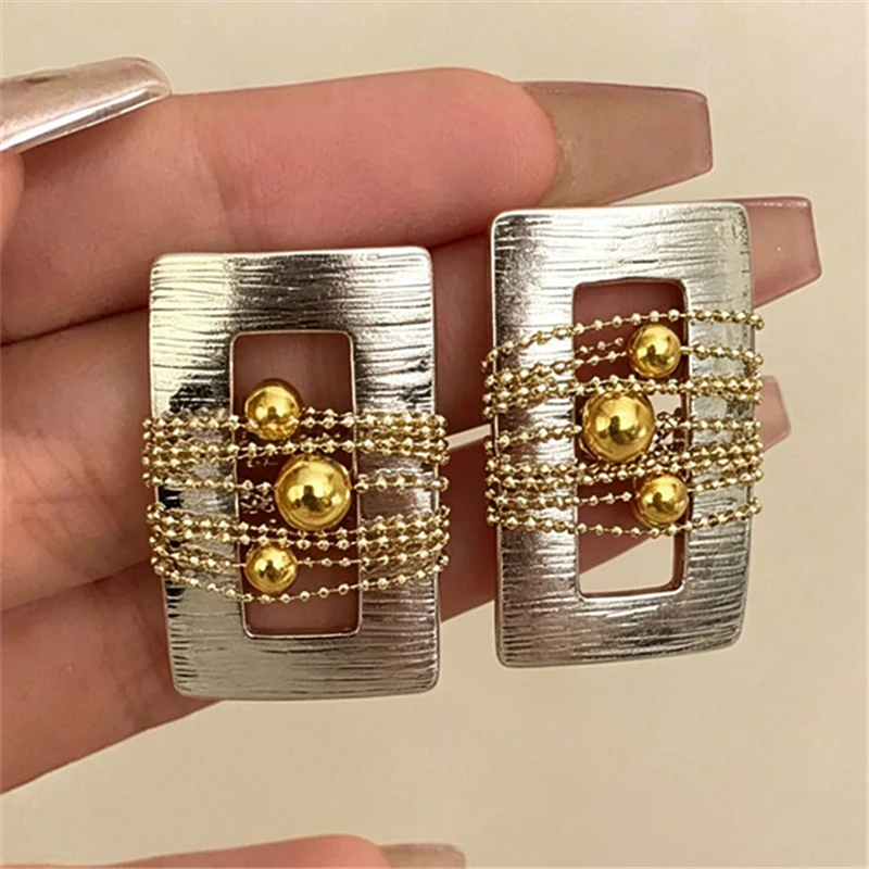 2026 Exaggerated Metal Chain Beaded Contrast color Wrapped Geometric Stud Earrings for Women Girls Unique Party Jewelry Gifts