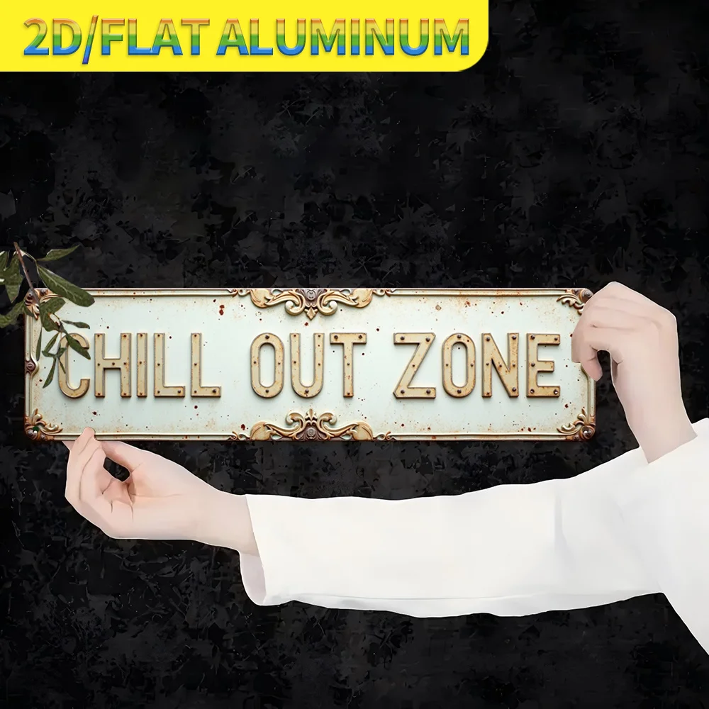 Vintage Aluminium Ornate Carved Chill Out Long Tin Sign, Antique Relax Text Wall Decor for Patio Lounge & Home