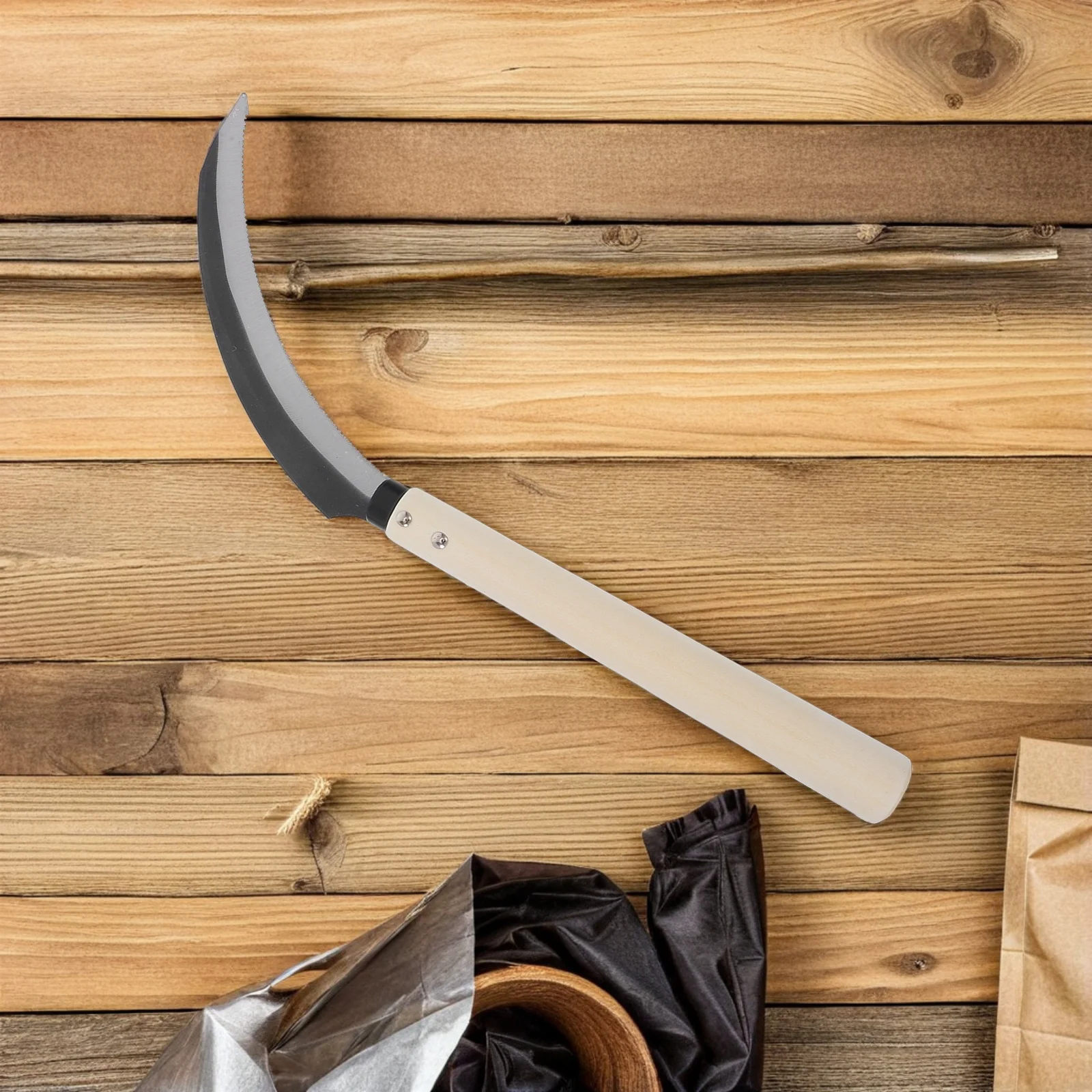 

Rice Sharp Serrated Blade Wooden Handle Farming Garden Tool Handheld Grass Cutting Cultivating Harvesting