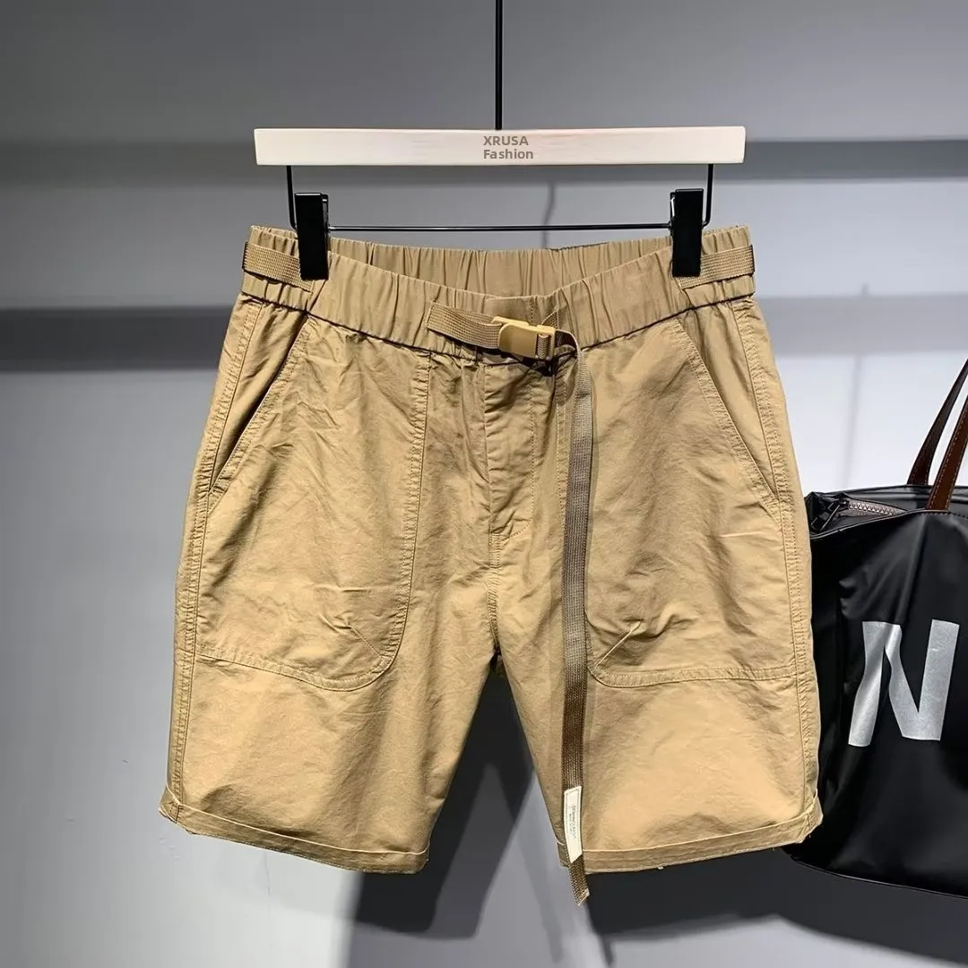 

Мужские летние тонкие пляжные брюки-карго цвета хаки из чистого хлопка, модные, в американском стиле, для работы, с множеством карманов, средней длины