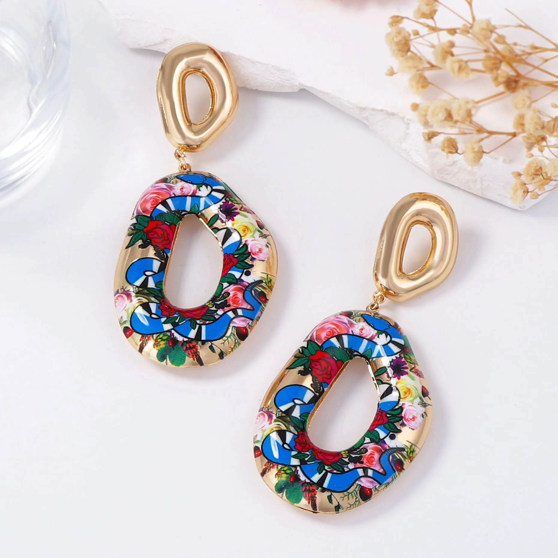 Personality niche retro ethnic style trend metal hollow geometric printing earrings creative senior design sense