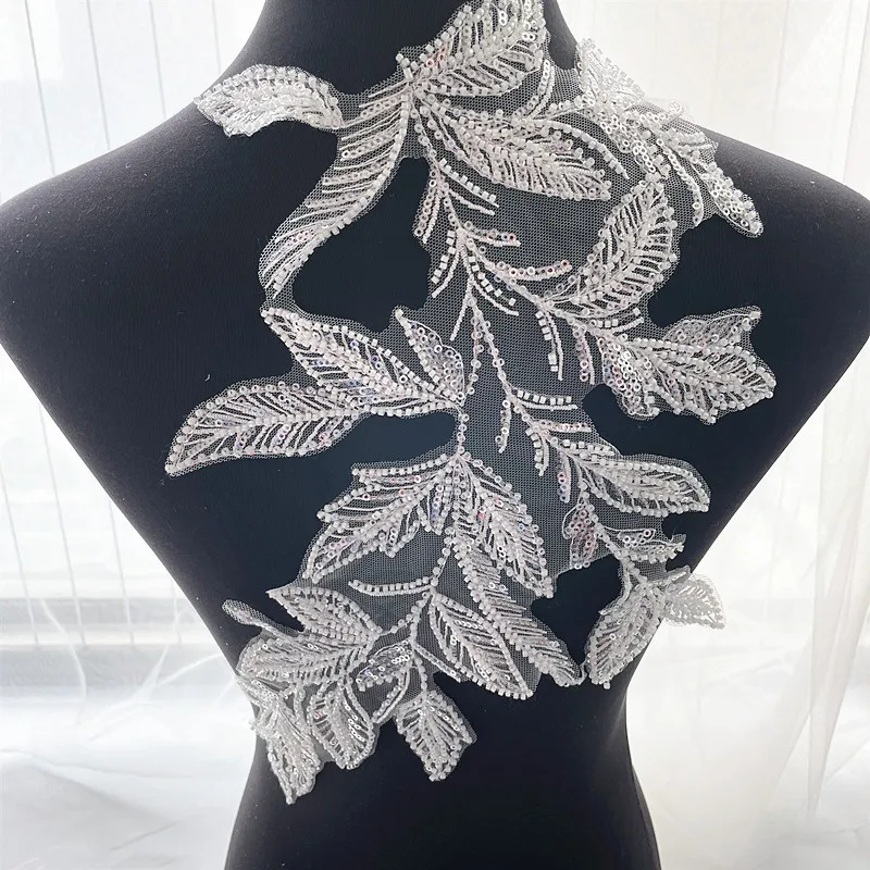 Embroidered Cloth Stickers for Wedding Dress, 3D Beaded Sequins, Lace Leaves, Ivory Flower, Children\'s Clothing Accessories, New