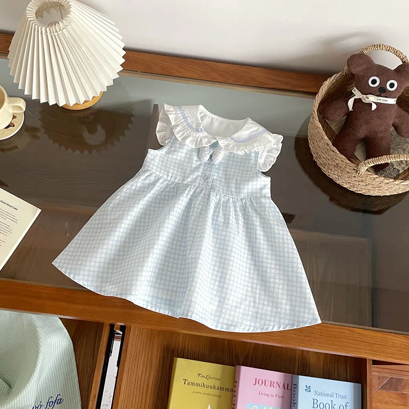 Summer Girls' Blue Plaid Princess Dress Cute Rabbit Ears A-line Slim Dresses Baby Girls Sleeveless Tank Top Party Dress