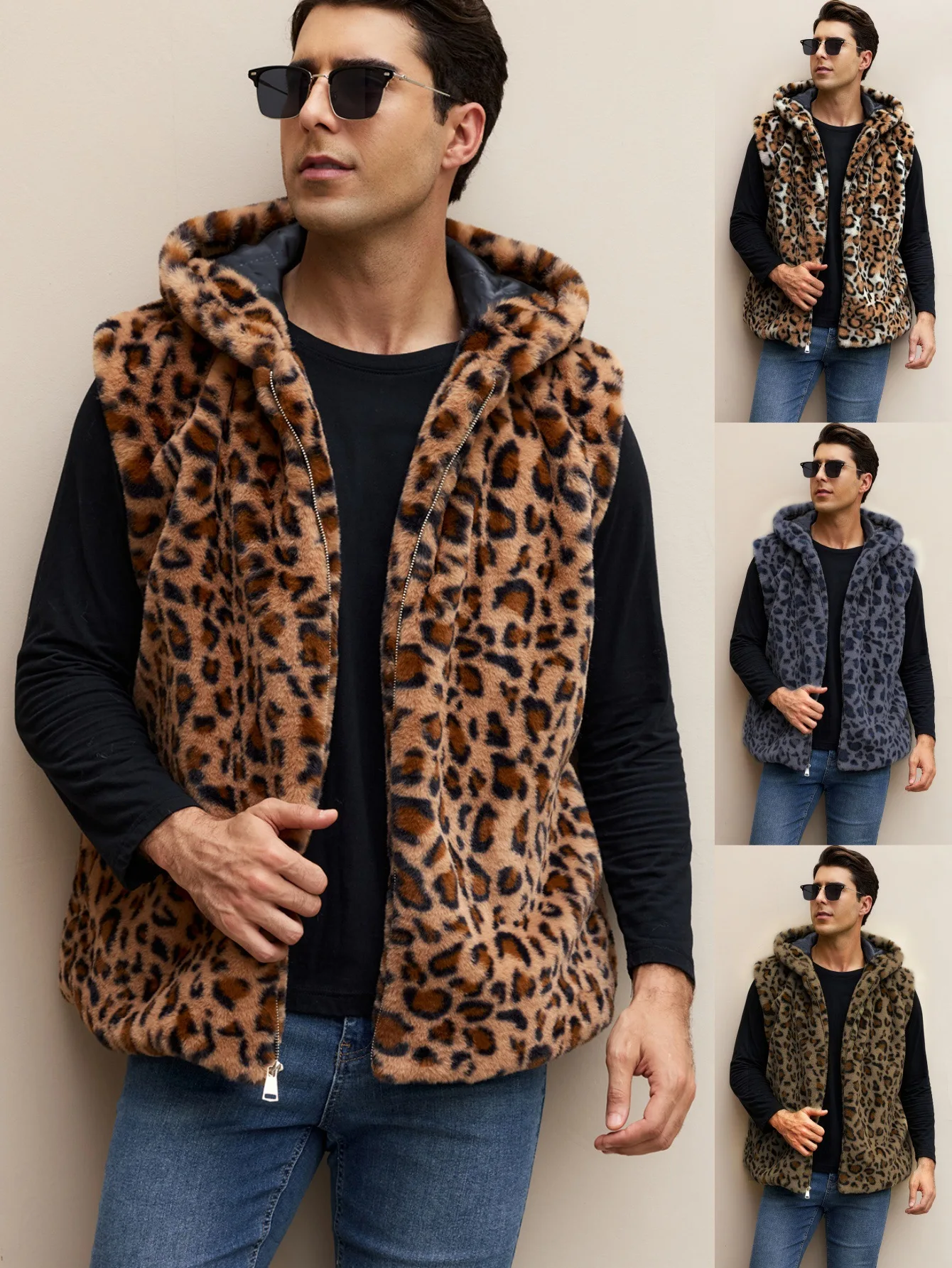 Men's Hooded Faux Fur Vest Leopard Print Top Coat Warm Casual Jacket for Autumn Winter