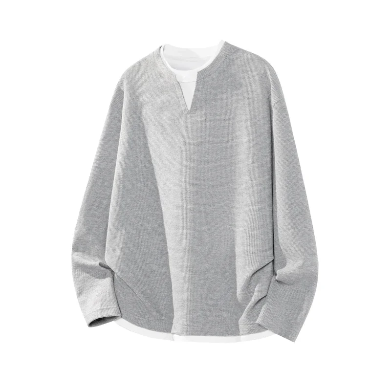Autumn Male Waffle Texture Long Sleeve Top Mock Layer Hem Design V Notch Neck Urban Travel Commute Fashion Garment image 5