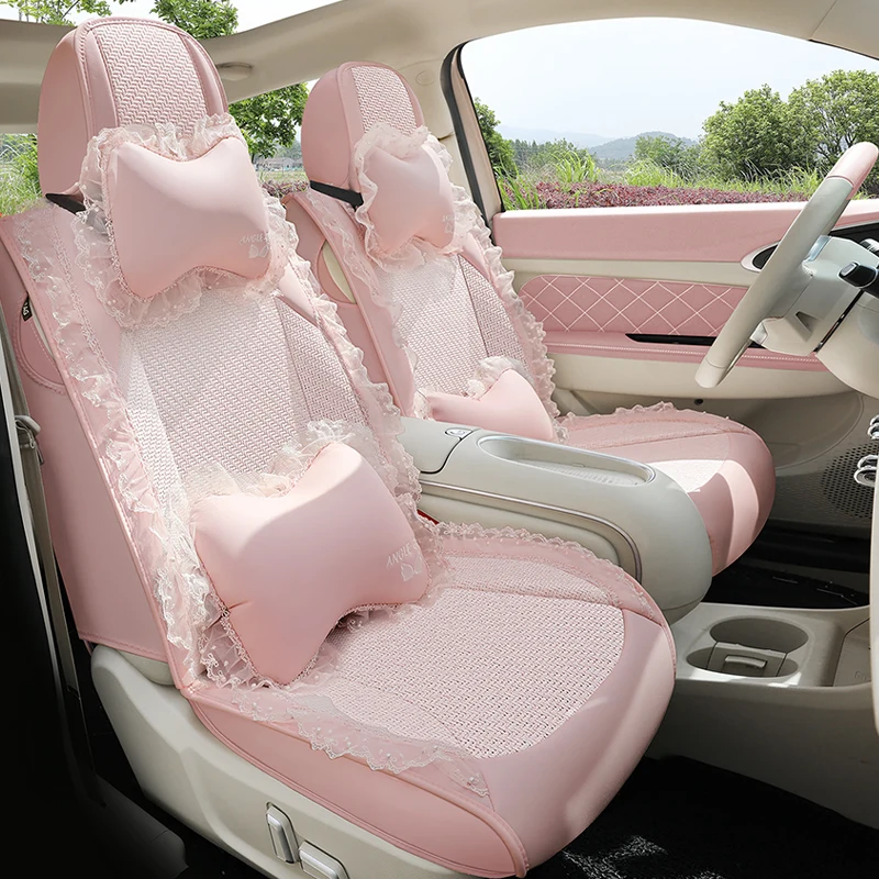 

Cute Pink Car Seat Cover Set for Women Four Seasons Breathable Lace Trim Flower Seat Cushion Protector Auto Interior Accessories