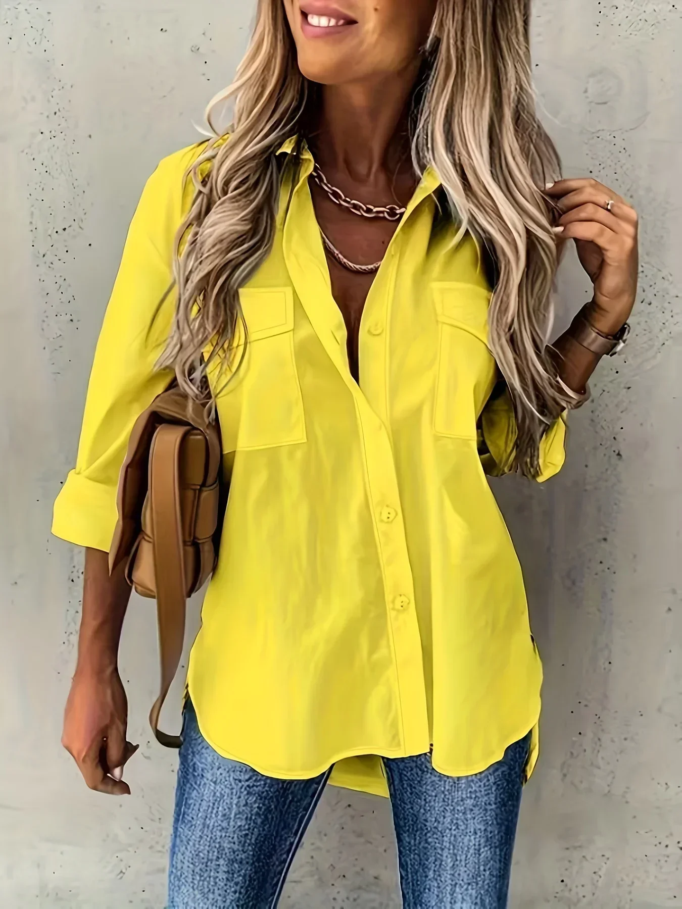 Plus Size 1XL-5XL Women\'s Solid Color Shirt Fashion Lapel Pocket Decoration Shirt Casual Loose and Simple Long Sleeved Shirt