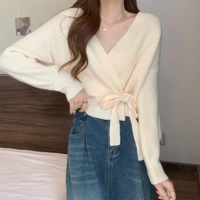 Cross Irregular Tie Up Waist Slimming Sweater Cardigan Women\'s Spring Autumn Winter Unique Loose Knitted Shirt