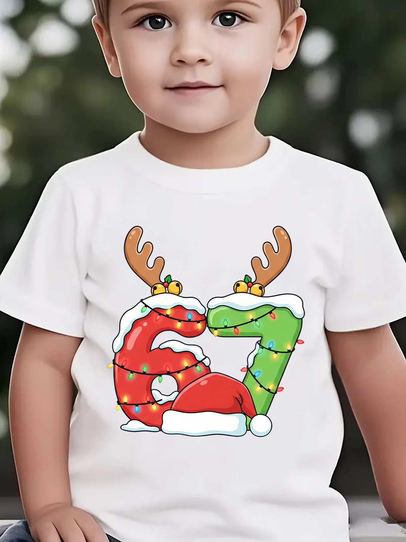 Kids Boys Girls Family Matching T Shirt Christmas Number 67 Reindeer Santa Hat Graphic Print Short Sleeve Crew Neck Tee Tops