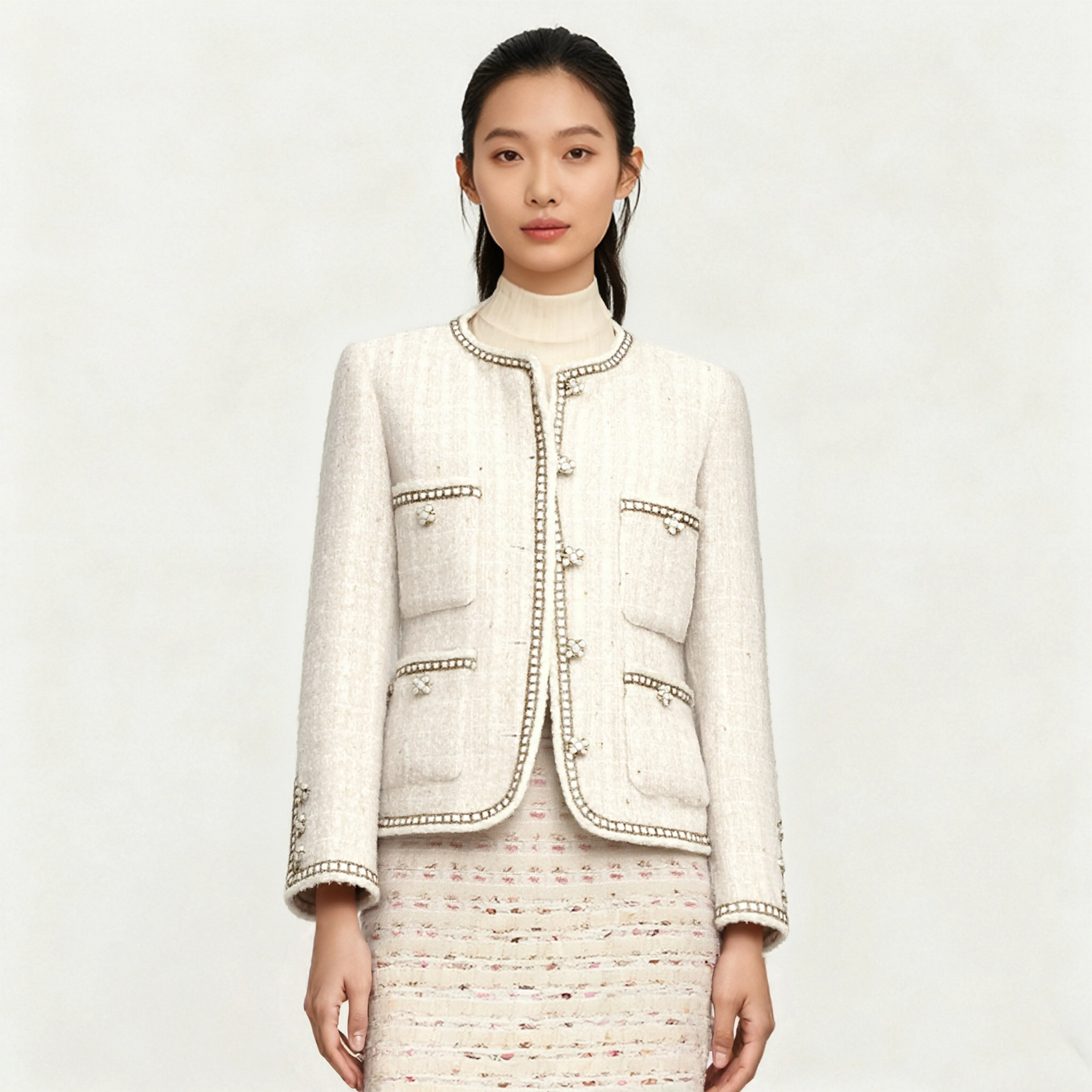 

Women's High Cut round Neck Heavy-Duty Coat with Subtle Floral Fragrance Coarse Weave Socialite Top