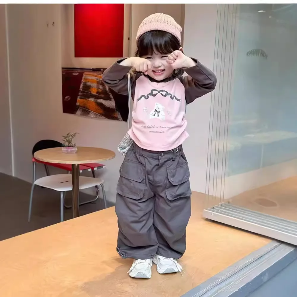 Girls Pocket Overalls 2025 Spring New Baby Boys and Girls Children Pants Baby Casual Closed Straight Long Solid Sport Pants