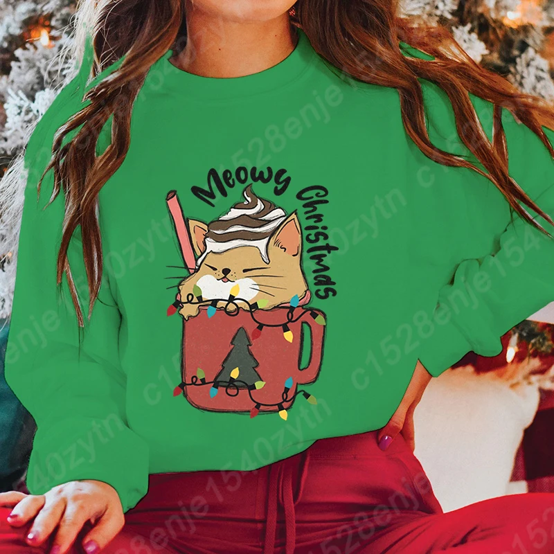 Christmas Light Cat Meowy Christmas Print Round Neck Pullovers Casual Outdoor Solid Color Long Sleeve Women Hoodless Sweatshirts