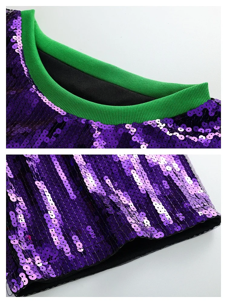 Mardi Gras Queen brillant violet vert jaune masque couronne imprimé paillettes t-shirt robe ample surdimensionné paillettes tunique haut