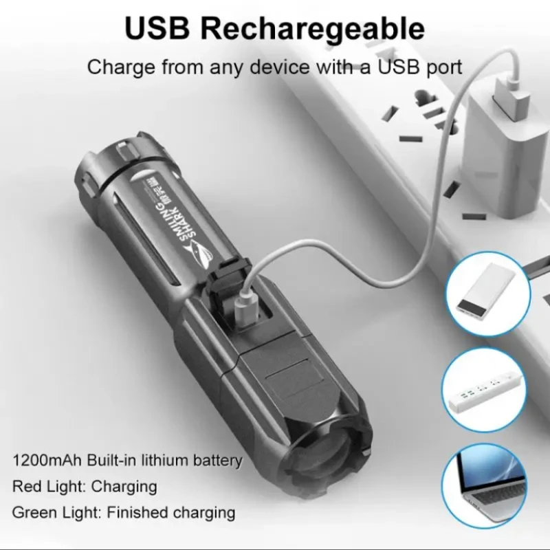 Potente linterna LED táctica de 100000 lúmenes, 18650 recargable por USB, resistente al agua, con Zoom, para pesca y caza