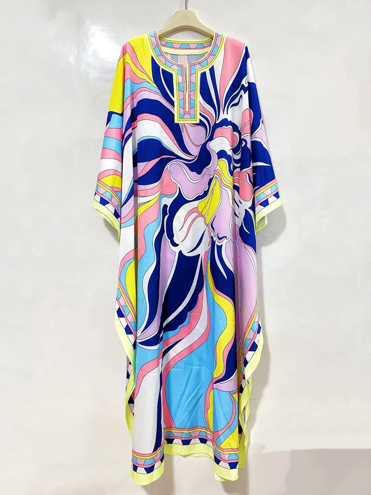 2026 Summer Women's Retro Geometric Positioning Printing Bat Sleeve Pullover Dress Fashion Open Loose Large Size Pengpeng Skirt