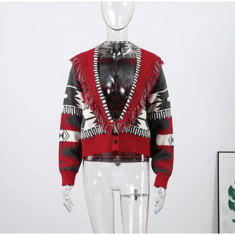 Knitted Jacquard Tassels Patchwork Cardigans Women Sweaters Long Sleeve V-neck Thicken Vacation Sweater 2025 Autumn Coats Tops