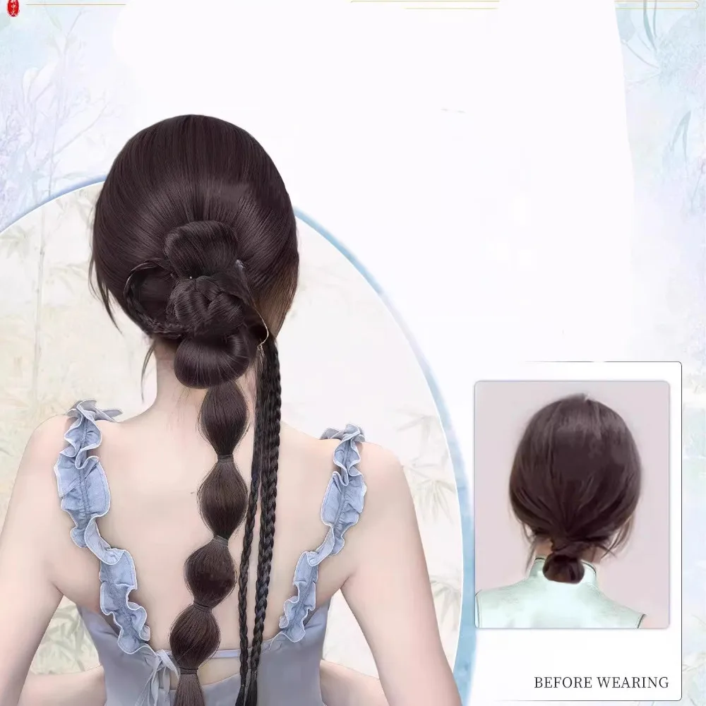 Parrucca sintetica con treccia a bolle di coda di cavallo Hanfu Cheongsam Testa a sfera con cravatta laterale Clip-on Trecce intrecciate Estensione Bocciolo di fiore simulato