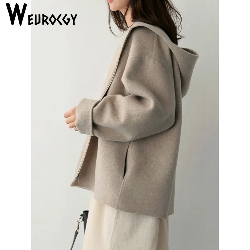 Hooded Woolen Coat Women 2024 Autumn Winter New Style Korean Edition Version Loose Solid Color Fashion Casual Wool Jacket