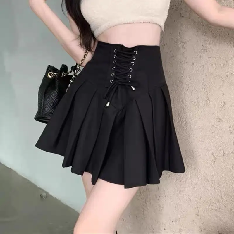 

Summer Thin Casual Solid Color Ladies High Waist Women's Clothing Korean Young Style 2023 New Lacing Patchwork A-line Skirt