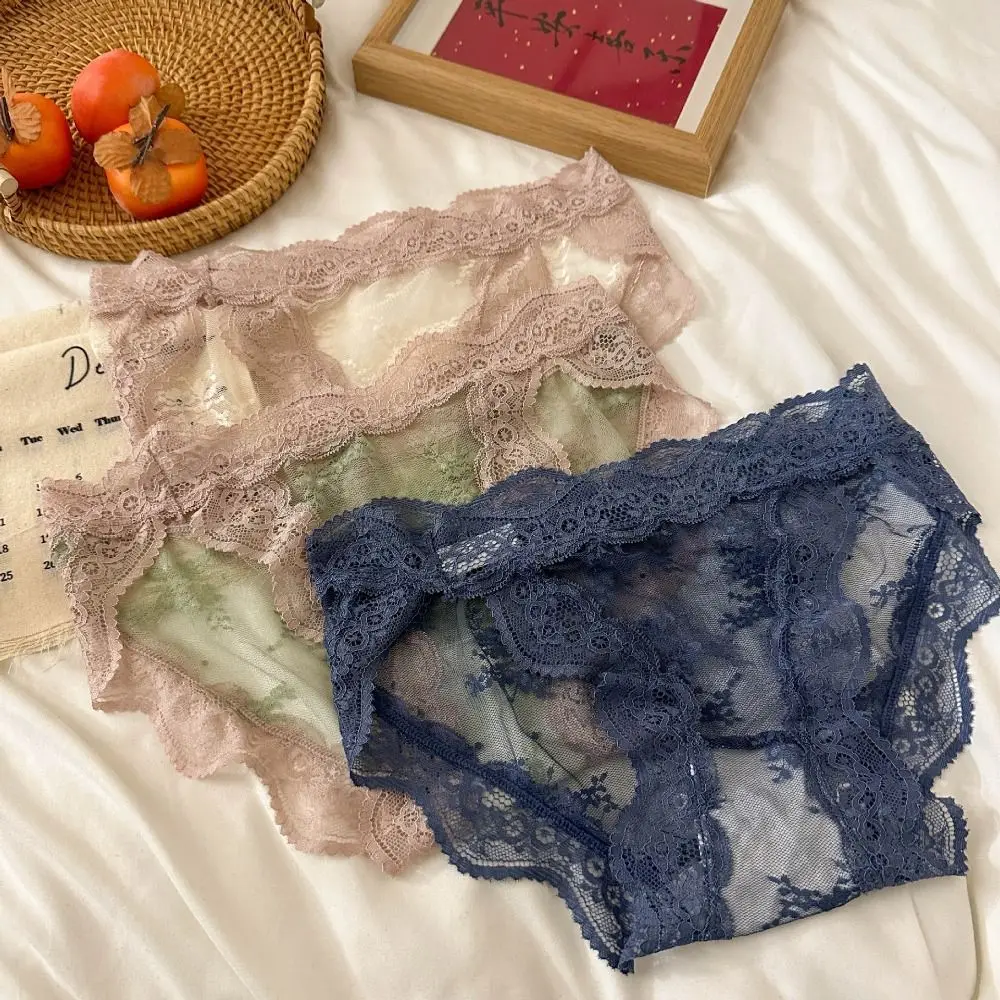 

4Pcs Soft Transparent Lace Mesh Panties Mid Waist Underpants Seamless Briefs Cotton Crotch Underwear for Women Girl