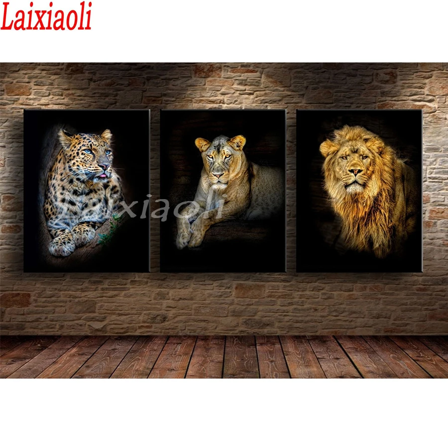 

Triptych,DIY Diamond Embroidery,Diamond Painting 3 Pcs Lion Tiger Leopard pattern icons Diamond Mosaic pictures Home Decoration