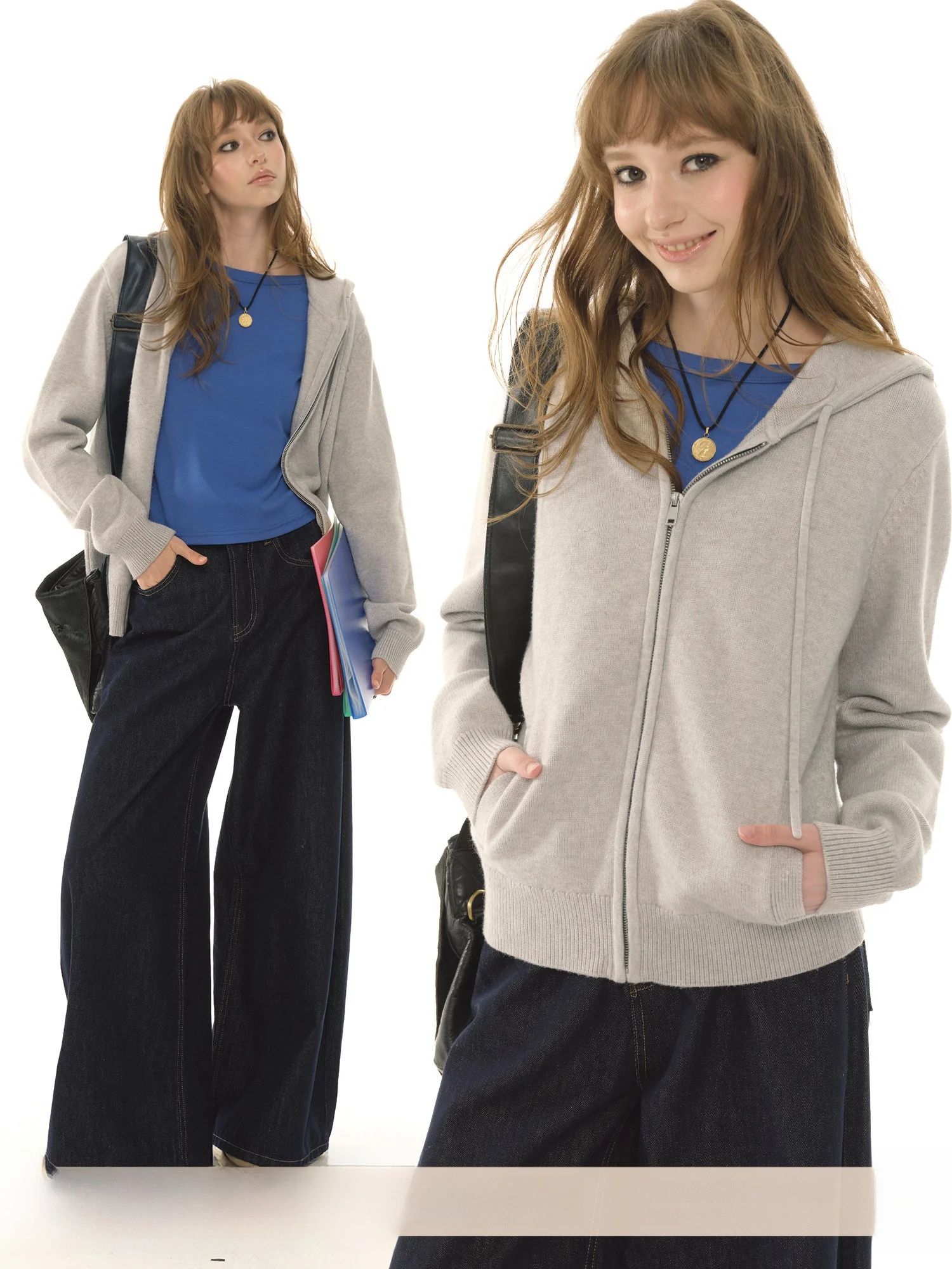 

UNRETRO Heavyweight Retro ey Knitted Sweater Women's Spring Autumn Thiened Zipper Jaet Lazy Sweatirt for Small Figures