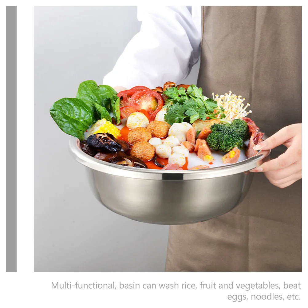 Thick Stainless Steel Basin Large Multi-Function Kitchen Vegetable Fruit Washing Storage Mixing Bowl Anti-Slip Flat Bottom