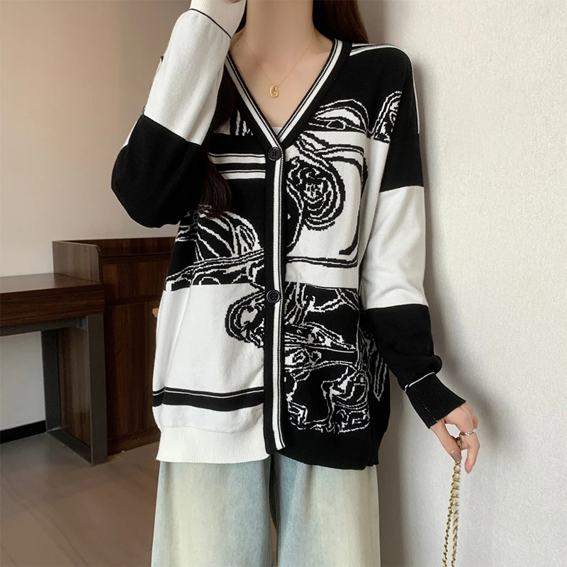 H Horse Knit Cardigan Women Long Sleeve Golf Sweater Jacquard En Desordre Finesse Coat Autumn Winter Luxury Brand Tops Clothing