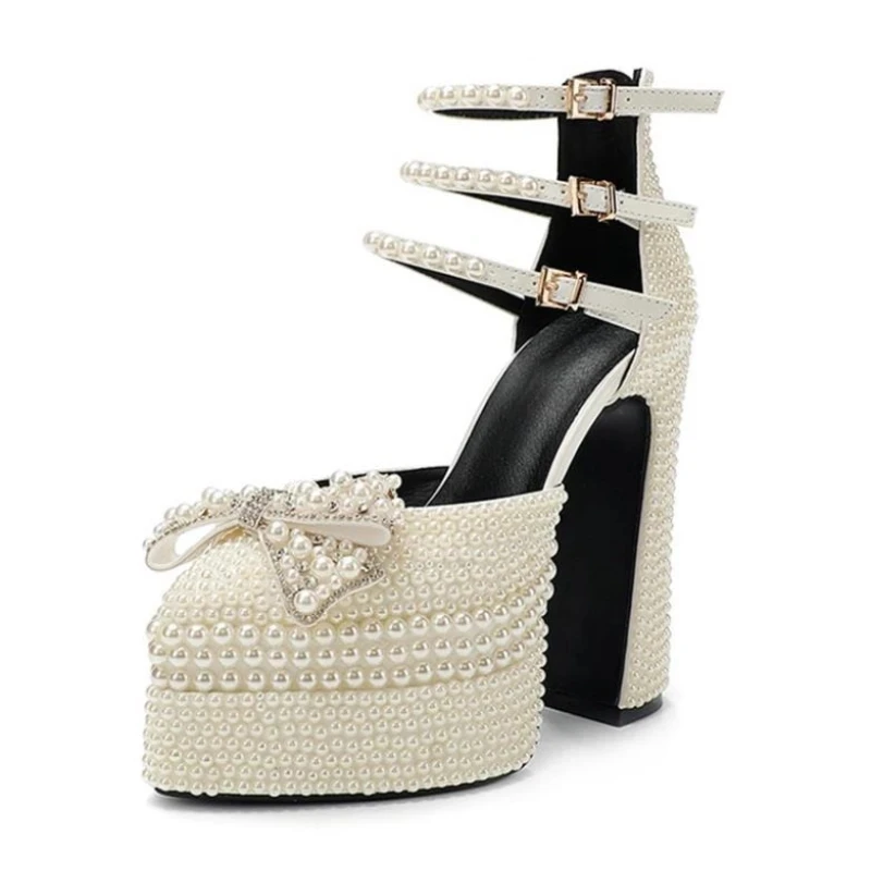 

2025 сандалии ручной работы с острым носком на толстом каблуке 14 см, водонепроницаемая женская обувь на высоком каблуке 35–42, свадебное платье, роскошный жемчуг