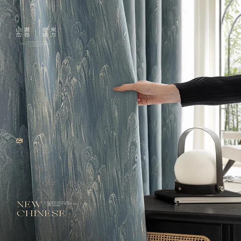 

Customized Chinese Style Blue Curtain Classical High Precision Jacquard High Blackout Curtains for Living Dining Room Bedroom