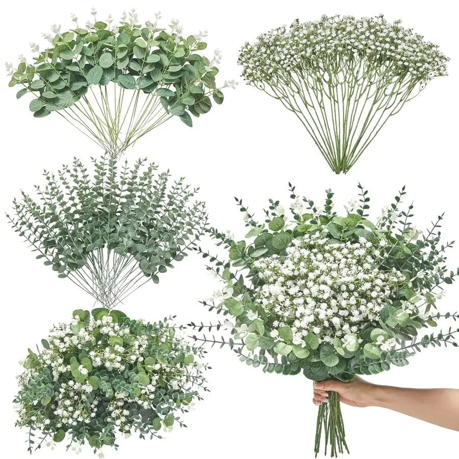 

100 Pcs Mixed Artificial Eucalyptus Stems,Babys Breath Artificial Flowers Bulk with Faux Eucalyptus Leaves Greenery Stems for We