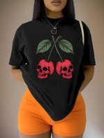 Black with Red Cherry & Skull DesignShort Sleeve Round Neck TopPerfect for Casual Attire o Tshirt Bold GraphicTee Oversized Fit