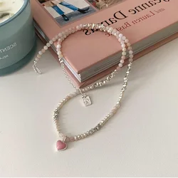 Minar Korea Silver Color Acrylic Beads Pearl Strand Choker Necklaces for Women Pink Color Enamel Love Heart Pendant Necklace