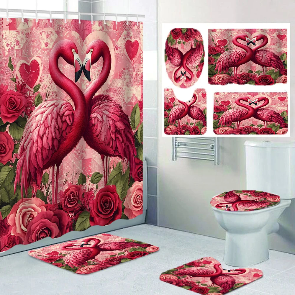 

Занавеска для душа с фламинго 4/1, украшение для сиденья для унитаза, занавеска для душа с ковром и крышкой для унитаза, размер 70,8x70,8 дюйма
